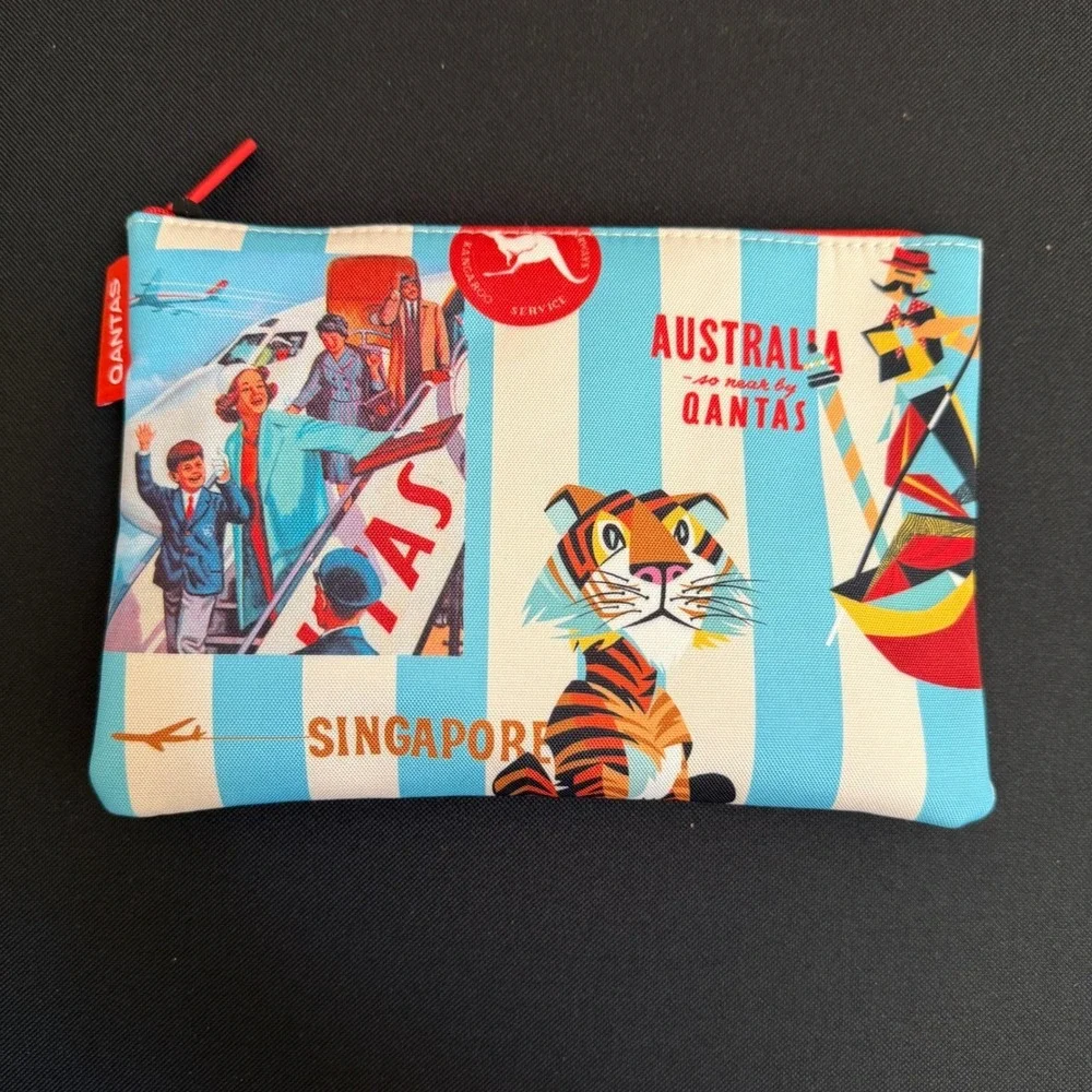 QANTAS Vintage Travel Graphic Amenity Pouch Unisex Blue Striped Small